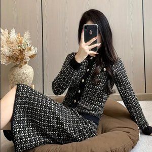 Women's Size MP Black Two-Piece Set, Button Front Long Sleeve Top and Skirt